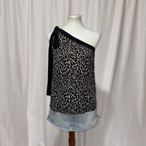 Robbi & Nikki Black and White Leopard One-Shoulder Tie Top